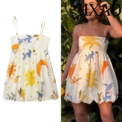 HXAO 2024 Dresses Print Slip Short Dresses Sleeveless Pleated Mini Dress Woman Summer Backless Beach Dress Sexy Holiday Dresses