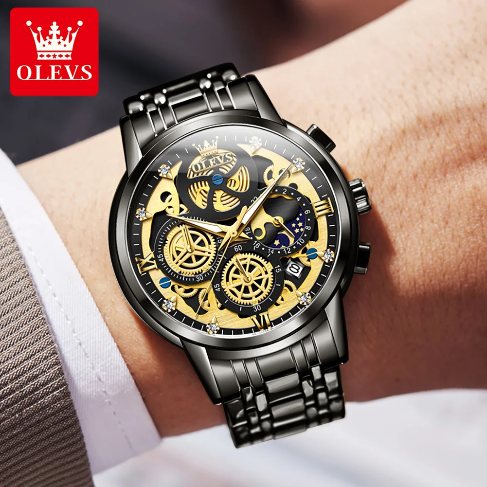 OLEVS 9947 Men Watch Luxury Brand Quartz Watch Stainless Steel Waterproof Skeleton Style 24-hour Day Night Sports Men's Clock