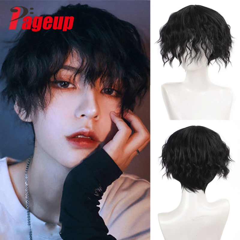 

Pageup Black Men's Synthetic Wig Short Straight/Curly Wigs With Bangs For Male Boy Cosplay Anime Daily Party Wig Heat Resistant