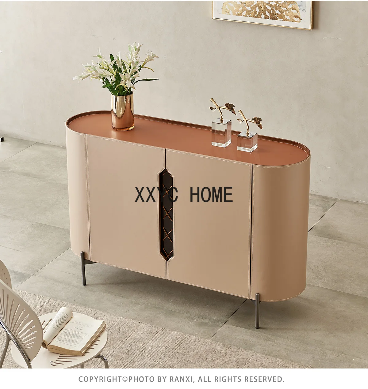 Italian-Style Light Luxury Saddle Leather Console Hallway Minimalist Storage Sideboard Cabinet Designer Model