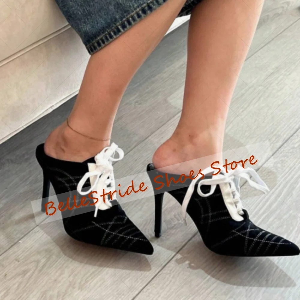 Silver Pointed Toe Lace up Slippers Patent leather Women Shoes Stilettos High Heels Party Banquet Dating 2025 Zapatos Para Mujer
