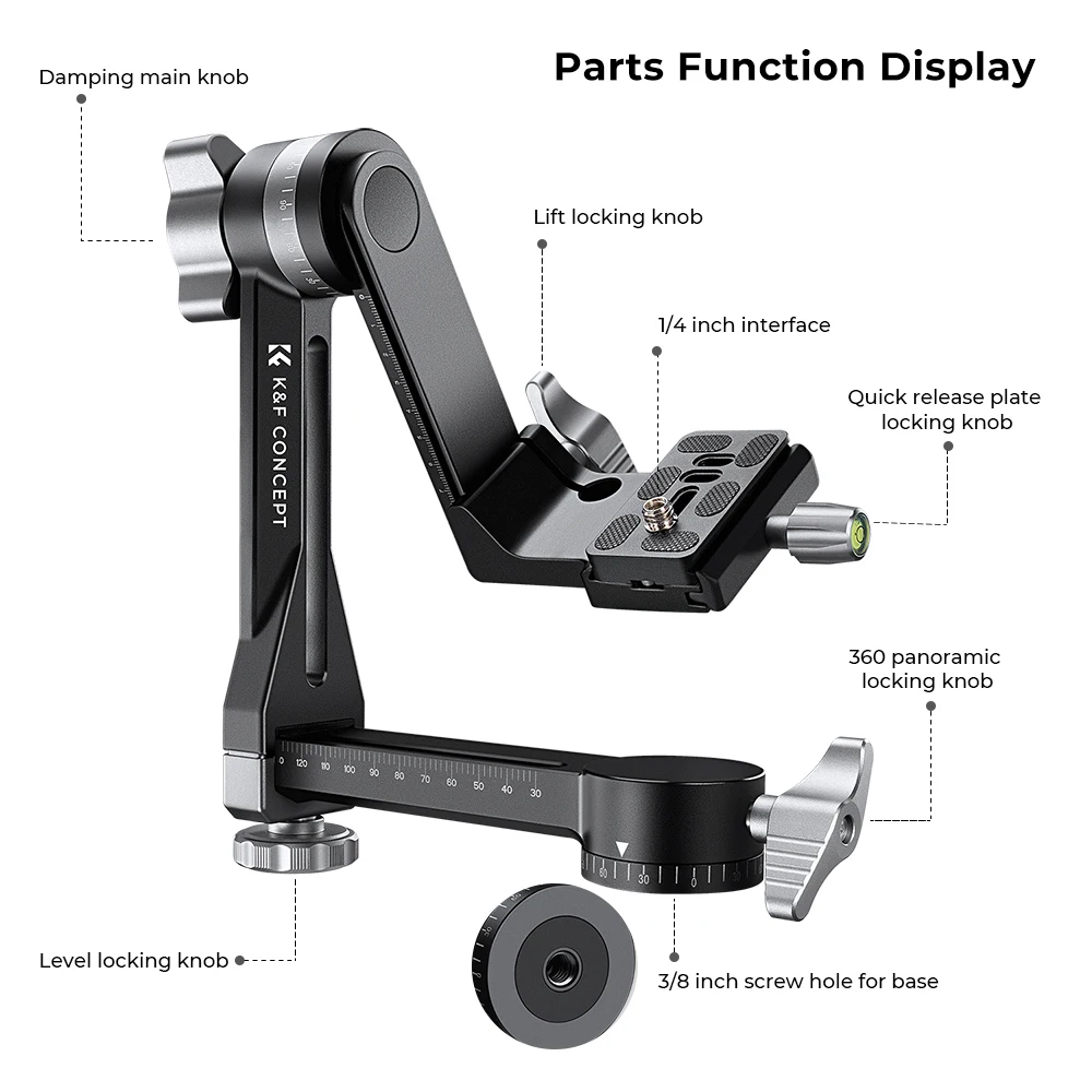 K&F Concept Gimbal Tripod Head Aluminium Alloy Heavy Duty 360° Panoramic Head with 1/4\