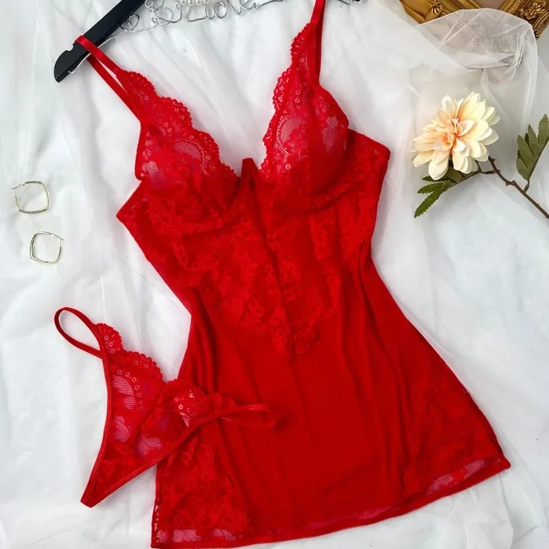 

New Hollow and Sexy Suspender with Mesh, Transparent Lace, and Playful Pajama for Women Conjuntos De Pijama Sexy Lingerie