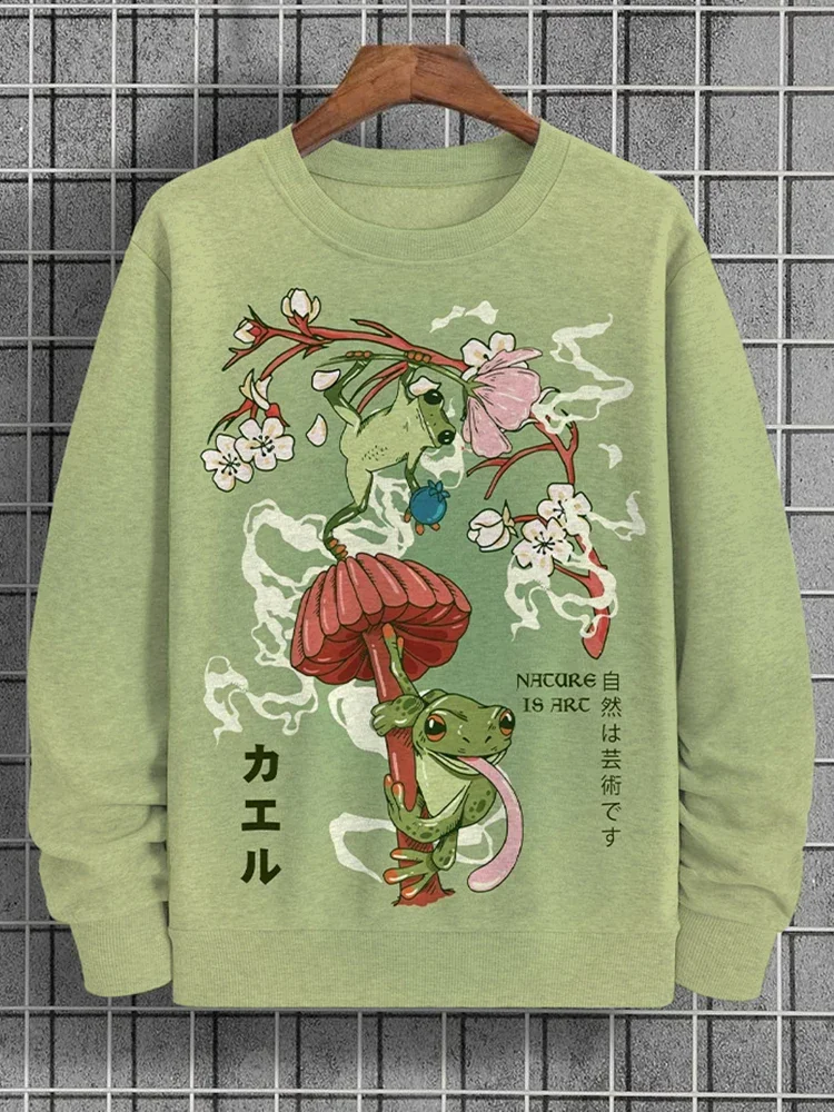 2024 Fashion New Men\'s Long Sleeve Tops Japanese Country Core Art Frog Floral Print Casual Round Neck Sweater Large Size