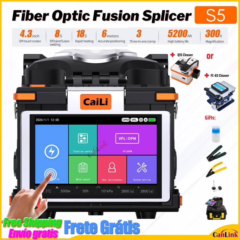 

S5 optical fiber fusion splicer with touch screen OPM and VFL available in English, French, Spanish, Portuguese,Russian as M5