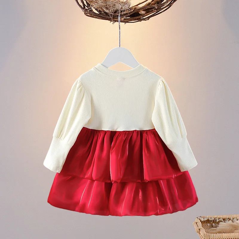 Autumn New Girls\' Dress Fake Two Bow Ribbon Cake Layer Long Sleeve Knitwear Top Round Neck (0-3 Years Old Girls)