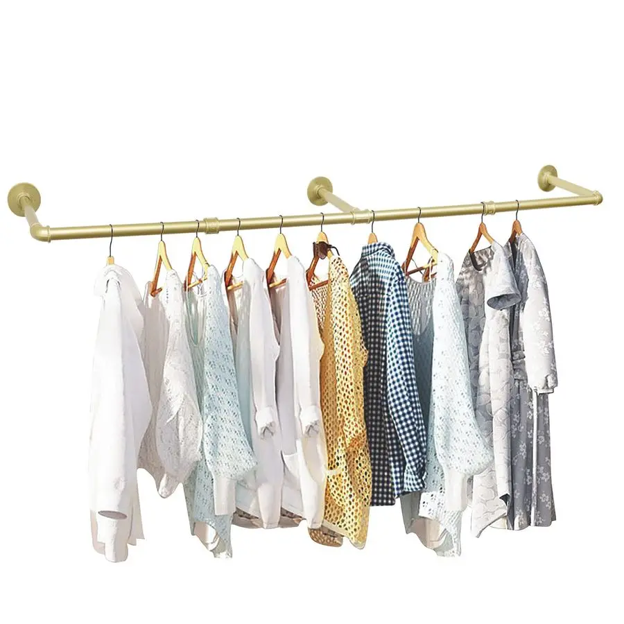 72inch Gold Wall Mounted Clothes Rack, Industrial Pipe Garment Rack Hanging Rod Bar for Closet Storage,Laundry Room Up to Max L