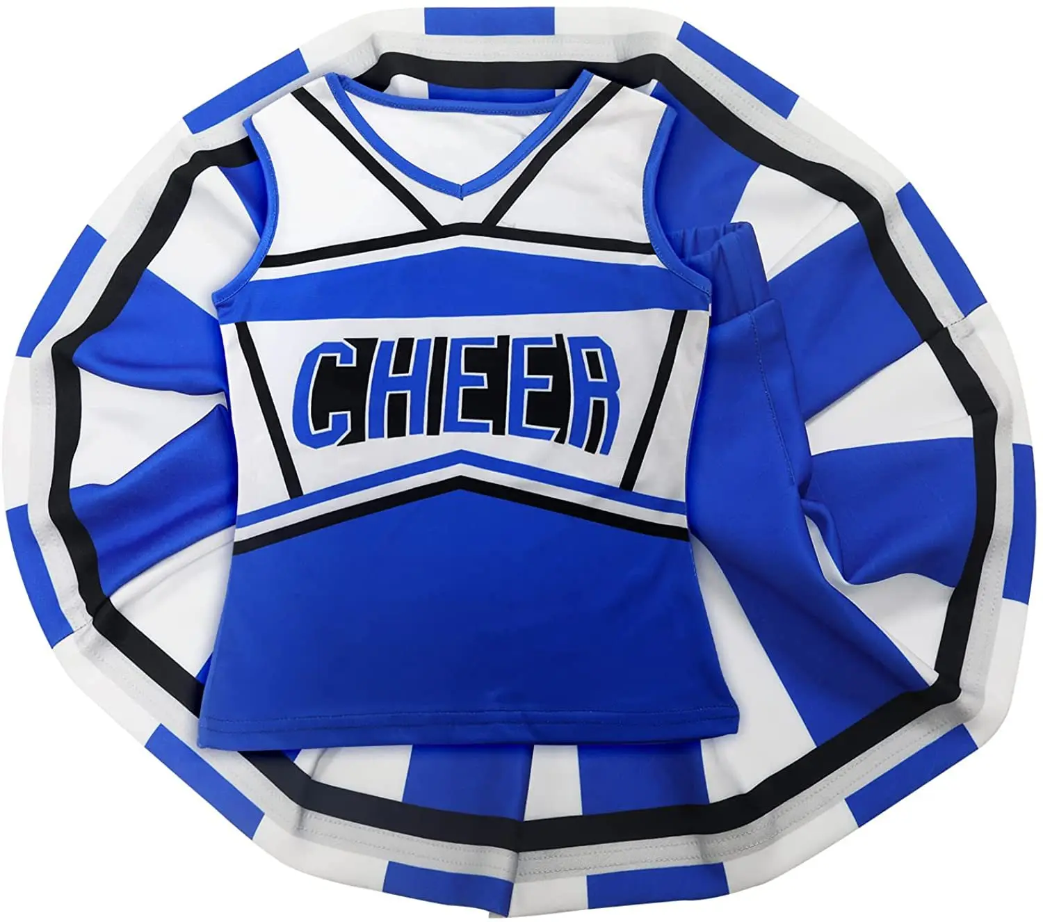 Niebieskie, urocze sukienki dla dziewcząt w stylu cheerleaderki z pomponami, mundurek cheerleaderki, eleganckie sukienki na imprezy dla cheerleaderek.