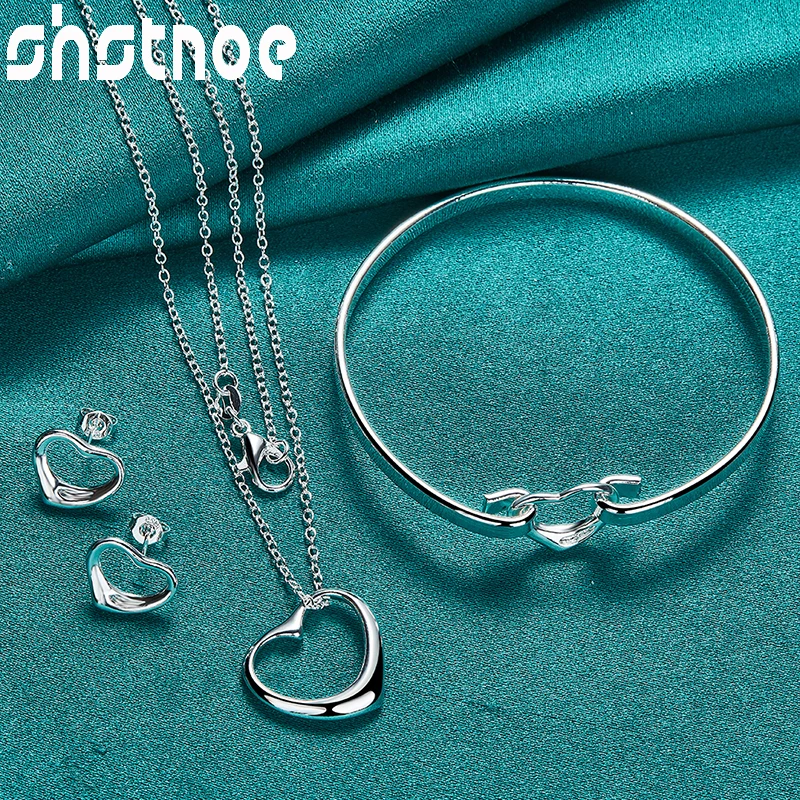 SHSTONE 3pcs 925 Sterling Silver Heart Chain Necklace Bangle Earrings Jewelry Sets For Woman Charm Wedding Party Gifts Wholesale