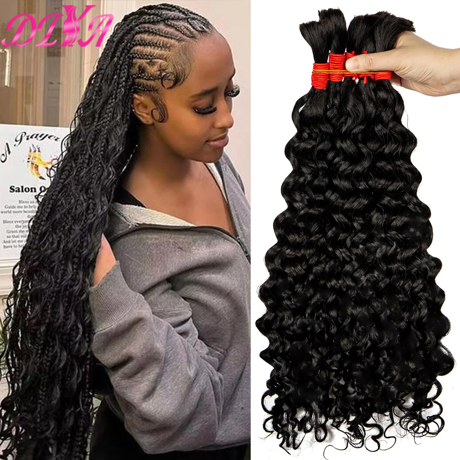 Cabello humano virgen 100% sin procesar, cabello trenzado humano ondulado al agua, a granel, sin trama, 100g por paquete, 2 mechones para trenzas Boho de 20, 26 y 28 pulgadas