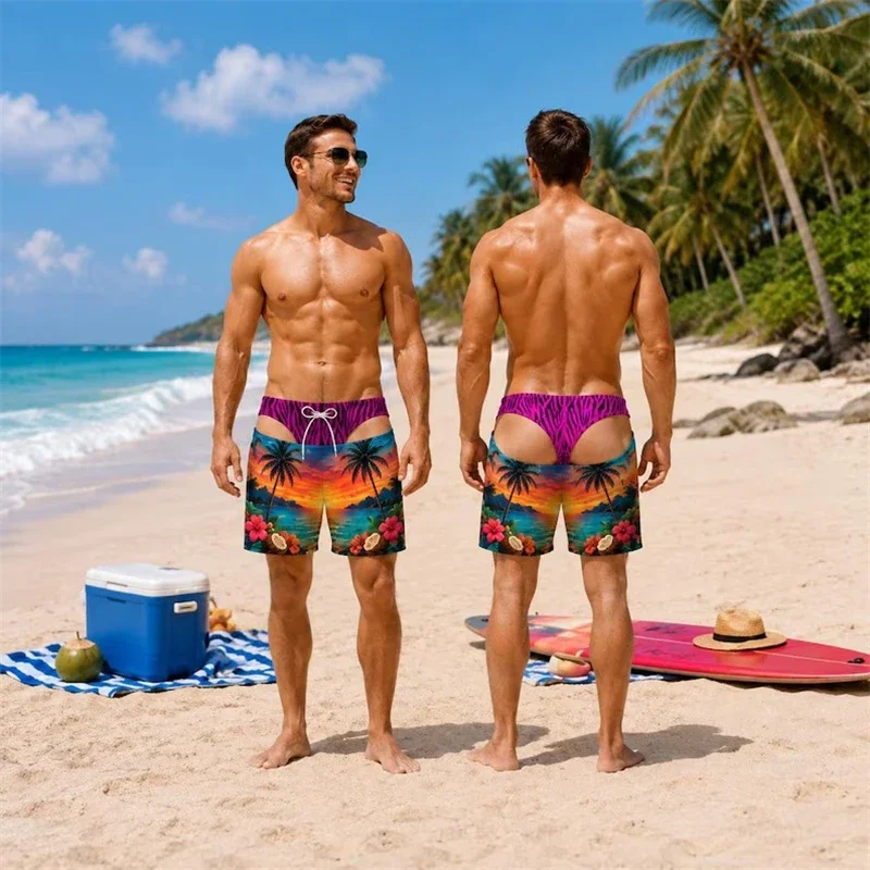 Herren-Badehose mit neuartigem Cutout-Design, 3D-Grafikdruck, lustigem tropischem Tiermuster, Kordelzug, schnelltrocknend, Strandparty-Shorts – Detail 9