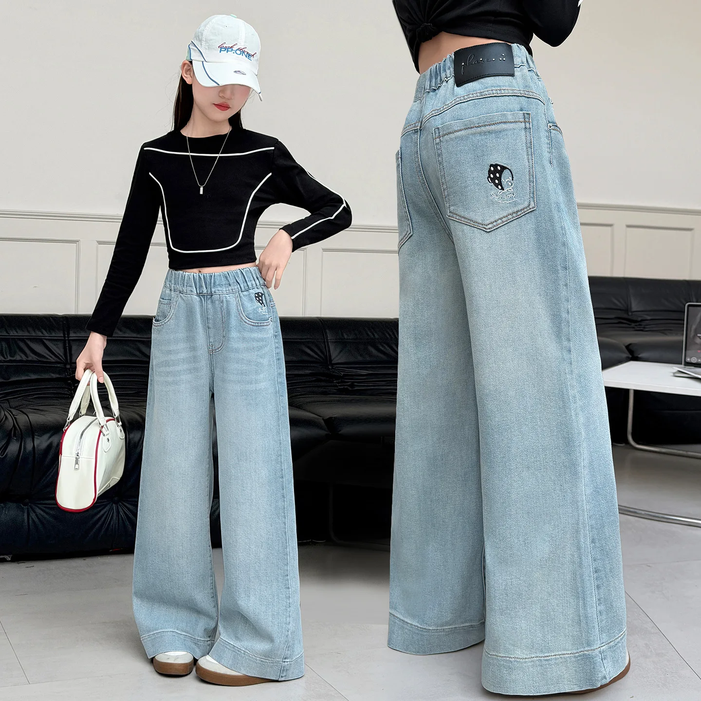 

Spring Autumn New Girls Jeans Embroidery Cartoon Loose Pants For 4-14 Years Teen Girls Stylish Denim Wide Leg Pants
