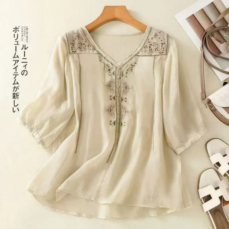 เสื้อย้อนยุค V คอปักฤดูร้อนหลวมวรรณกรรมเสื้อด้านบน