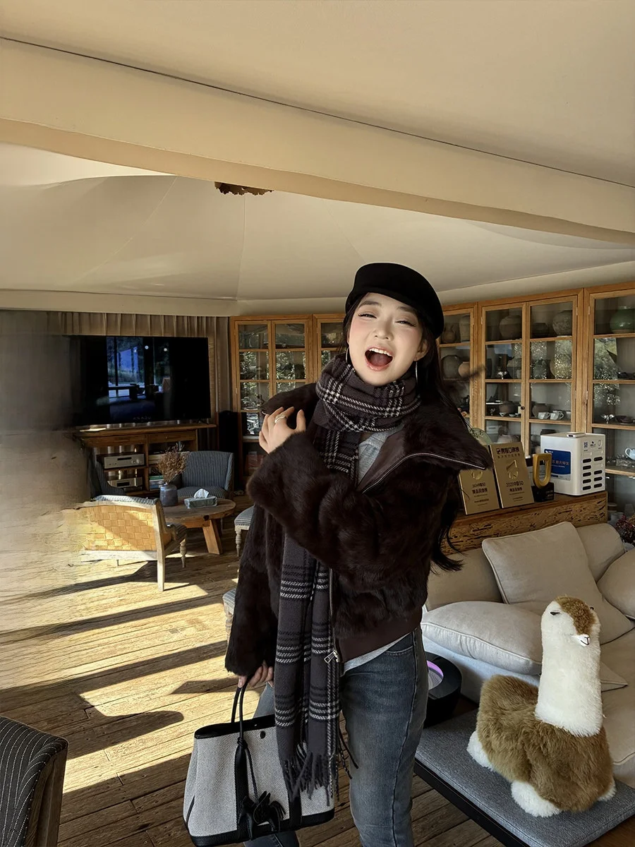 

Теплая шуба из кроличьего меха, женская верхняя одежда Thiened Long Sve, бархатный воротник вишневого цвета, роскошная пушистая куртка для молодежи