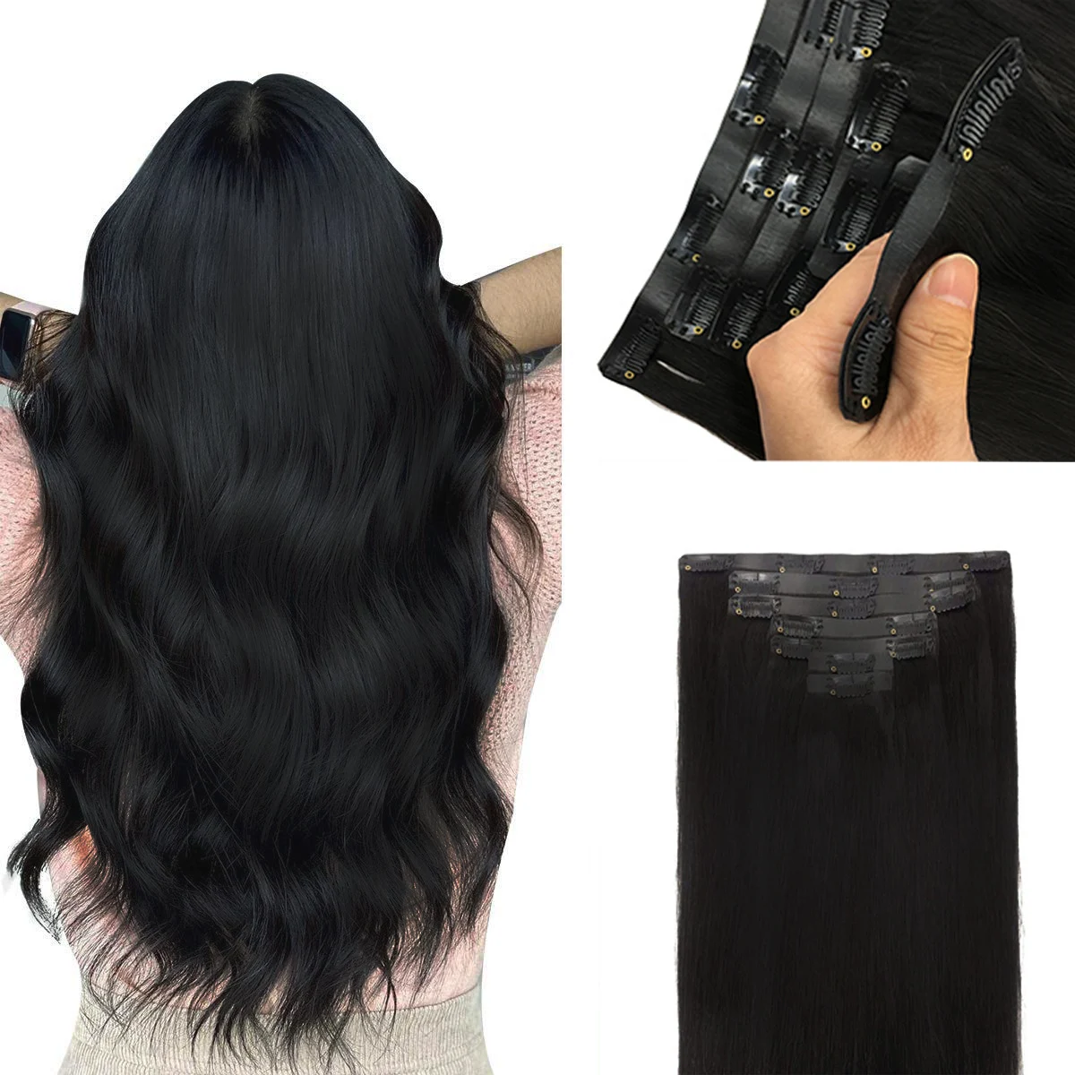 PU Clip in Extensions Human Hair Clip in Natural Thick Straight Hair Extensions Seamless Skin Weft Clip-on Hair Pieces 150G