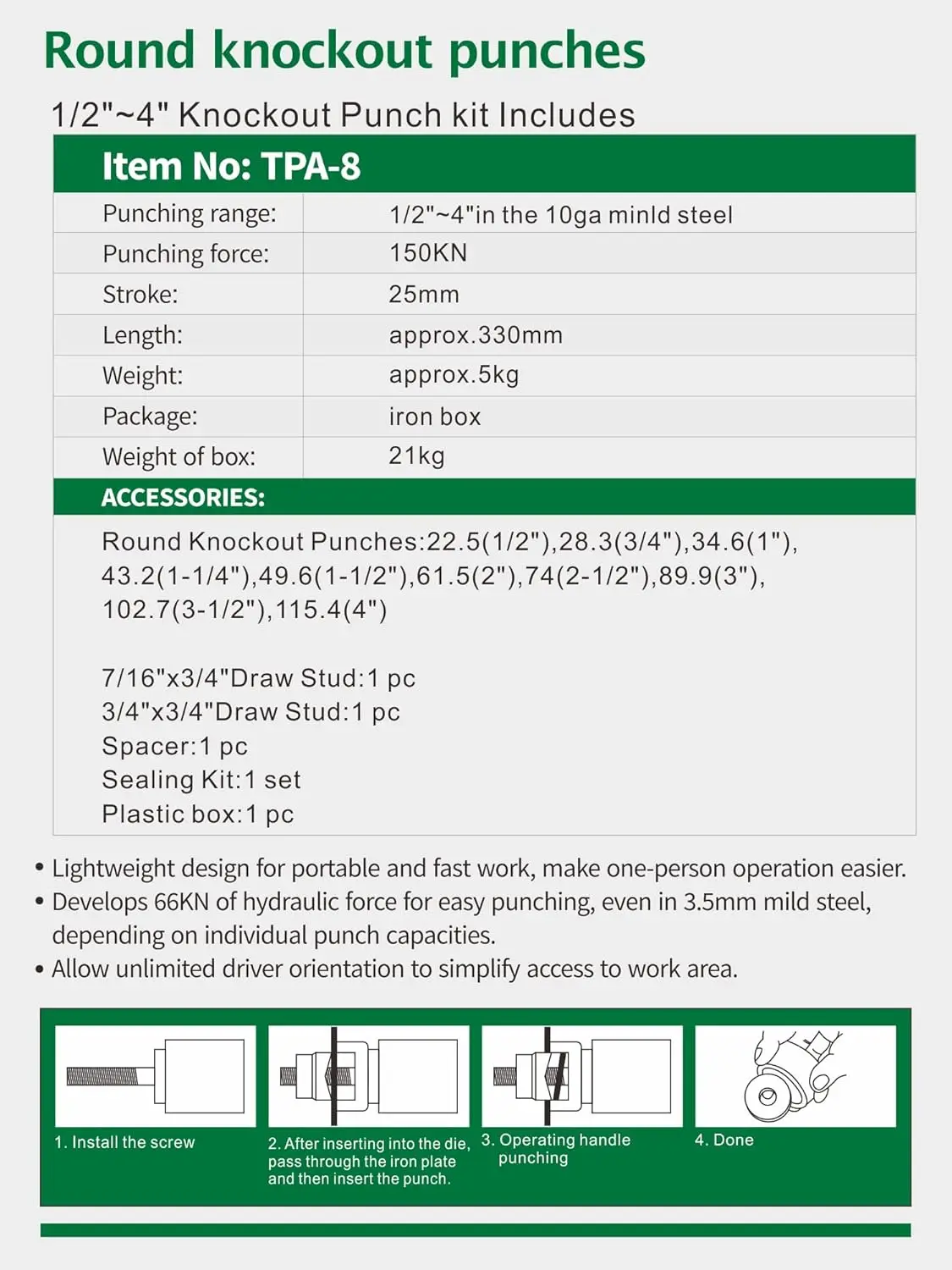 Knockout Punch Electric Conduit Hole Cutter Set KO Tool Kit 1/2 bis 4 Zoll