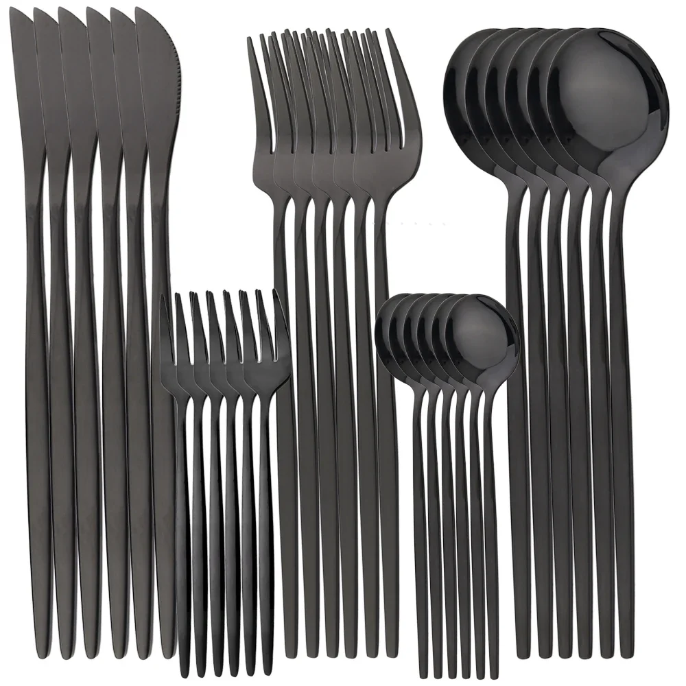 30Pcs Dinnerware Set Stainless Steel Black Tableware Set Knife Fork Spoon Teaspoon Cutlery Western Mirror Kitchen Silverware Set