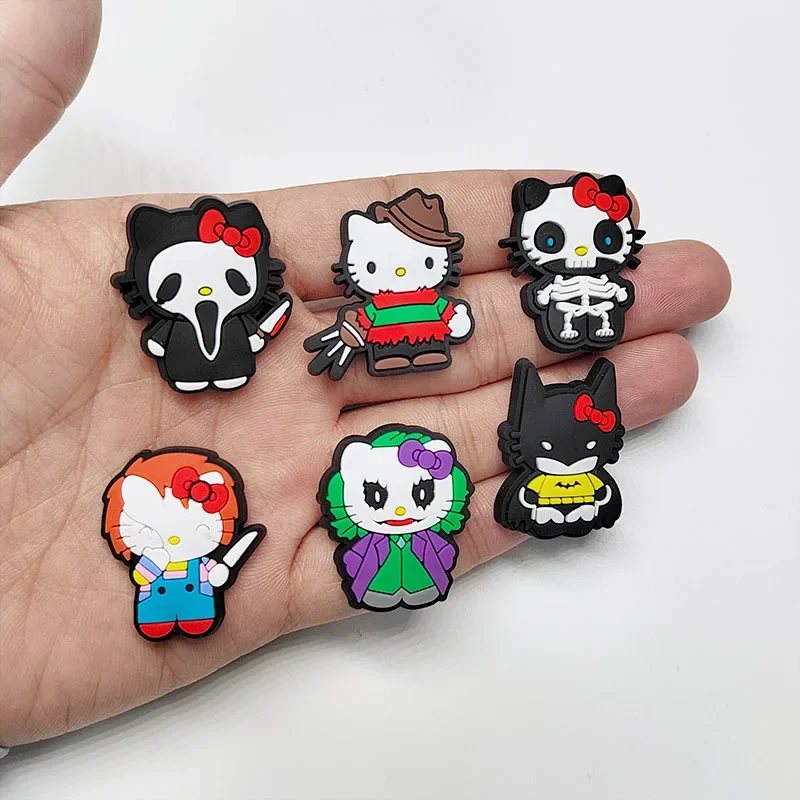 

1-18pcs Halloween Hello Kitty Shoe Charms For Clogs Garden Bubble Slides Sandals Kids Gifts Shoes Decorations Accessories Charms