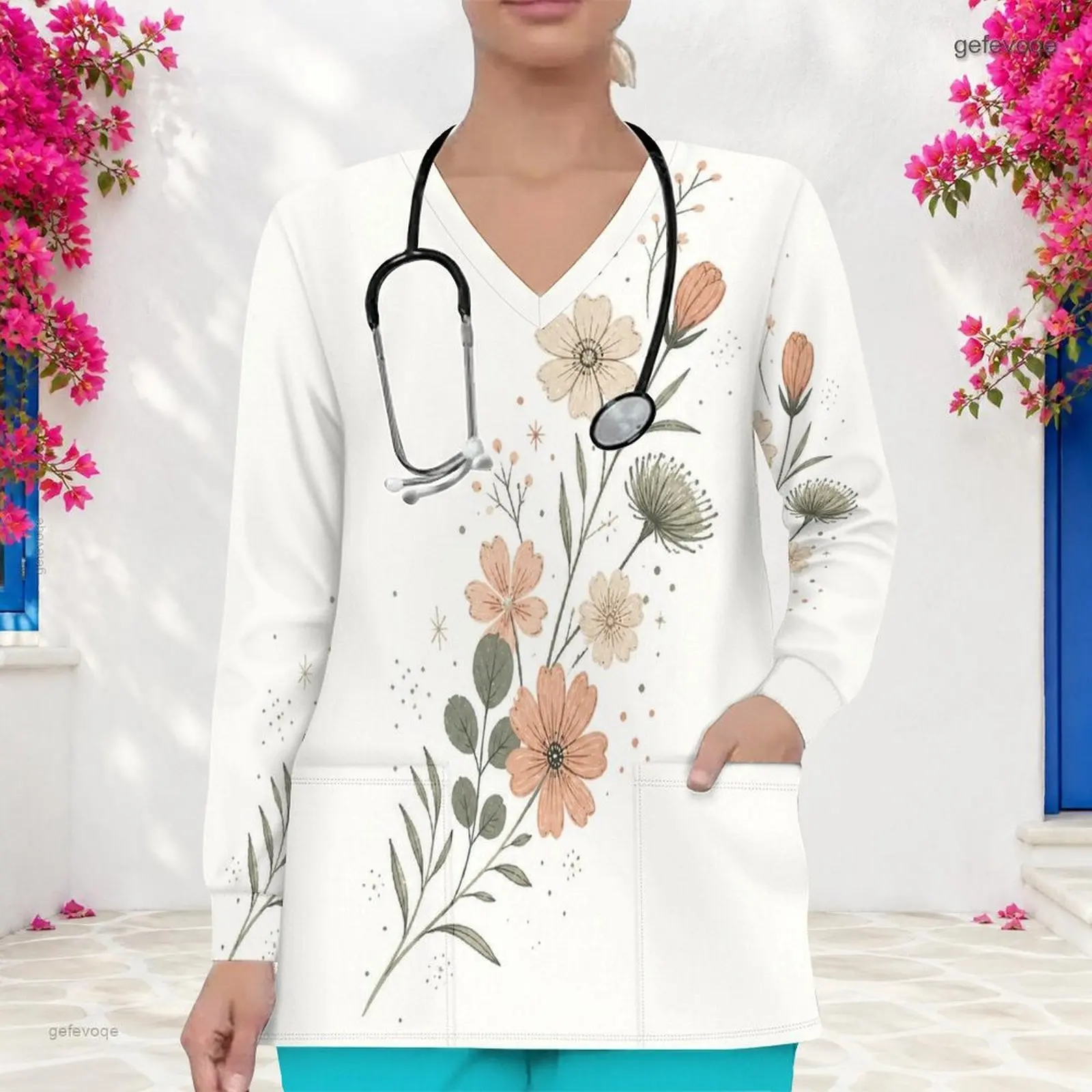 Women Printed Scrub Top V Neck Long Sleeve Front Pockets