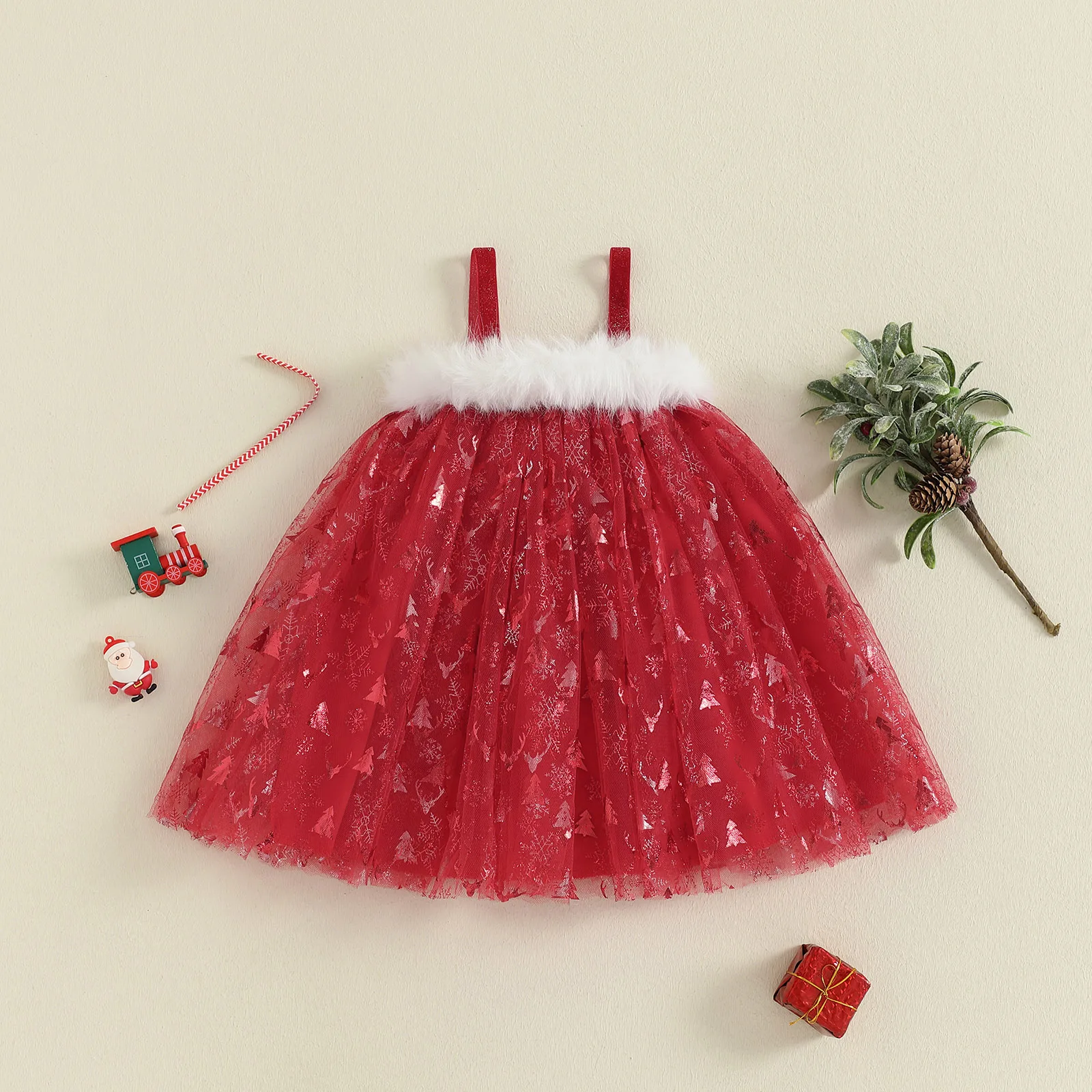 

Toddler Girl Christmas A Line Dress Tree/Snowflake Print Sleeveless Tulle Plush Patchwork Dresses for 0-4 Years