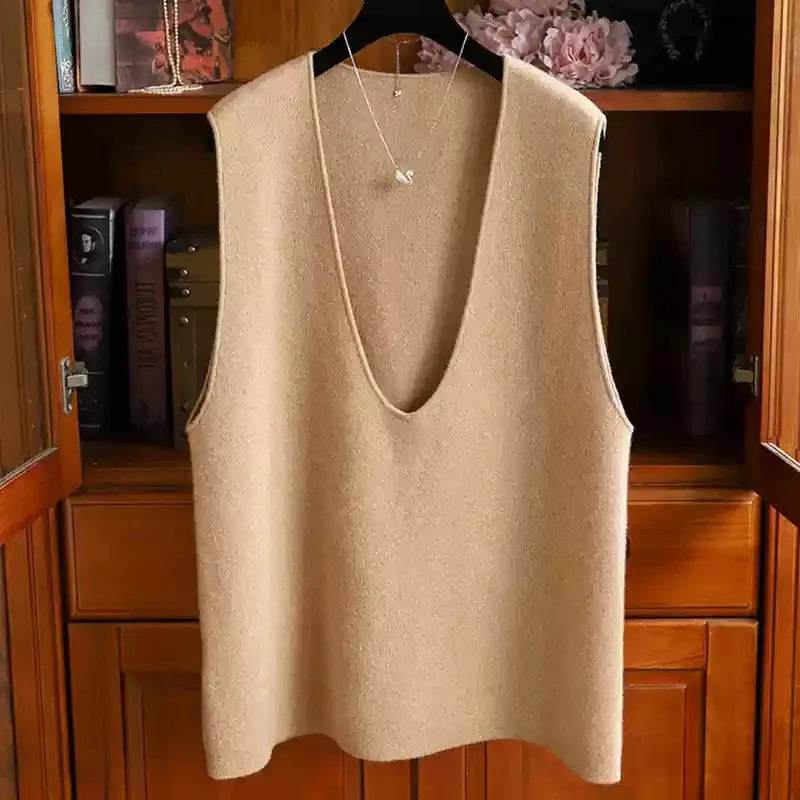 

Autumn Winter Layered Women'S Korean Style Large Loose Sleeveless Knitted Solid Color% Wool Vest Sweater