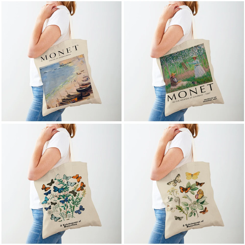 Monet Picasso Parrot Butterfly Mountain Shopping Bag Double Print Eco Casual Nordic Shopper Bags Lady Canvas Tote Women Handbags