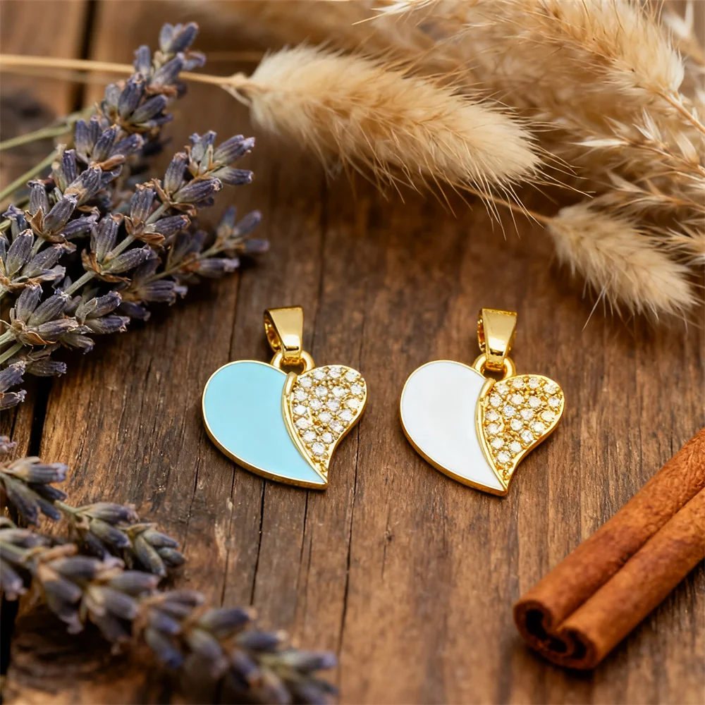 

4Pcs Pendants Brass Heart Charms Enamel Cubic Zirconia Two Tone Style Diy Jewelry Accessories Necklace Bracelet for Women Men