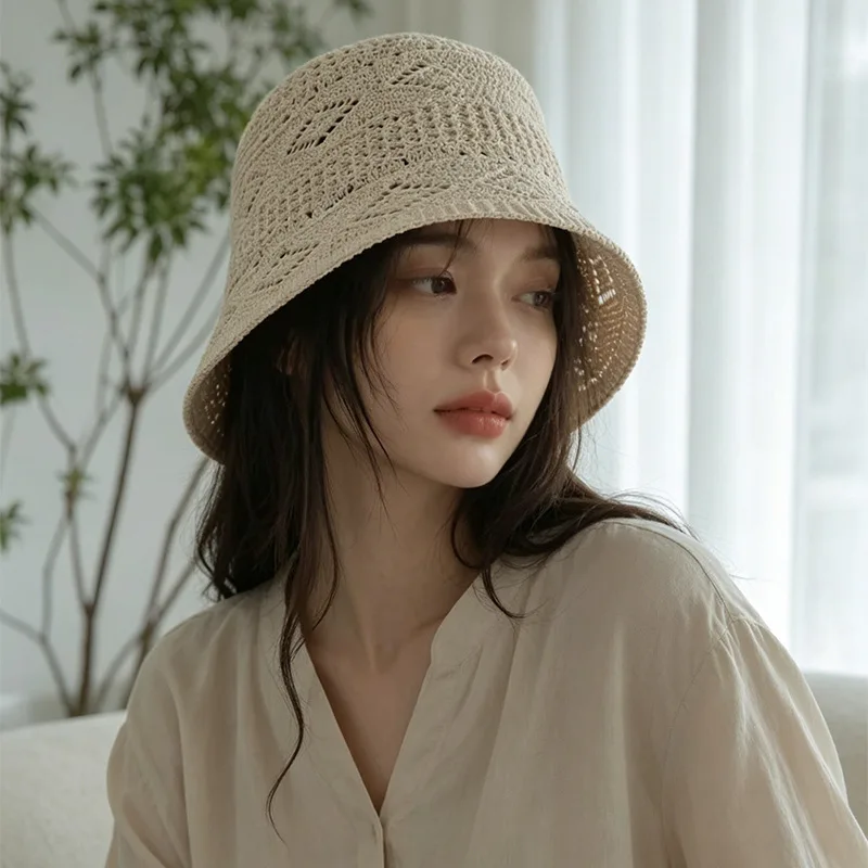 Knitted hollow-out fisherman hat women, lightweight breathable for spring summer, offering sun protection and shade,