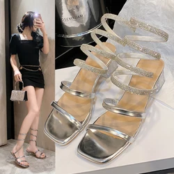 2024 Summer Rhinestone Ankle Strap Roman Shoes Ladies High Thick Square Heels Simplicity Sexy Shoes Female Women Sandals