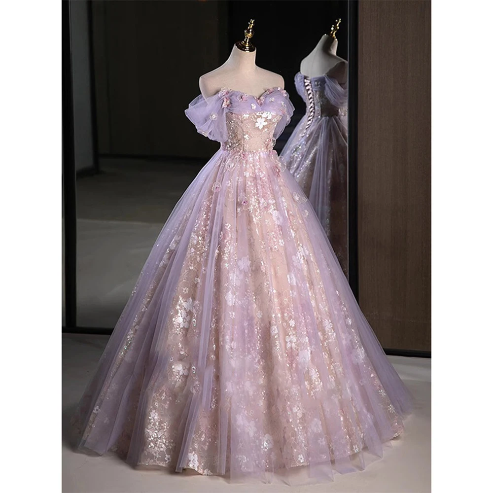 Light Luxury Pink Purple Evening Dress Women Sweet Pleated Off The Shoulder Flower Applique Prom Gown Sequins A-Line Vestido