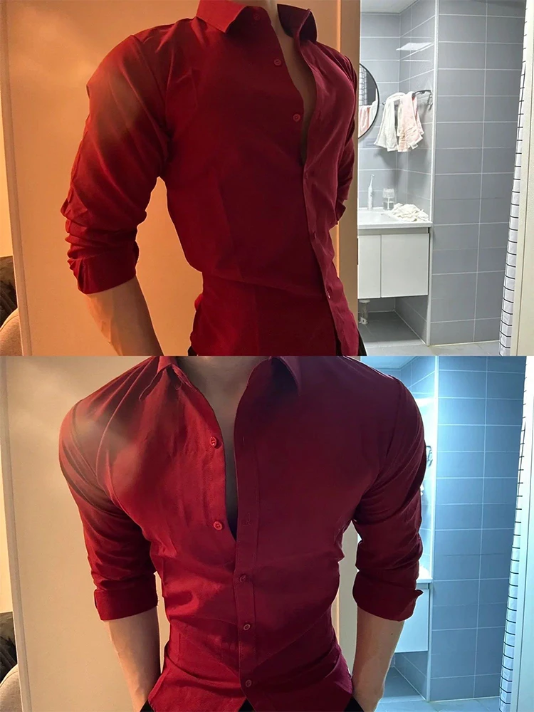 

Red Wine Color Men's irt Briti Sle Inner Wear Suit Jaet Slim Fit Long Sve Faionable Youth Polyester Fiber Winter