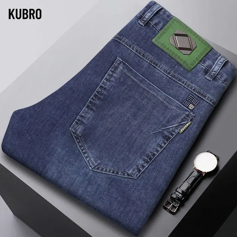 Moda masculina calças de brim retas novo estiramento fino ajuste calças confortáveis macio negócios denim calças masculinas roupas marca