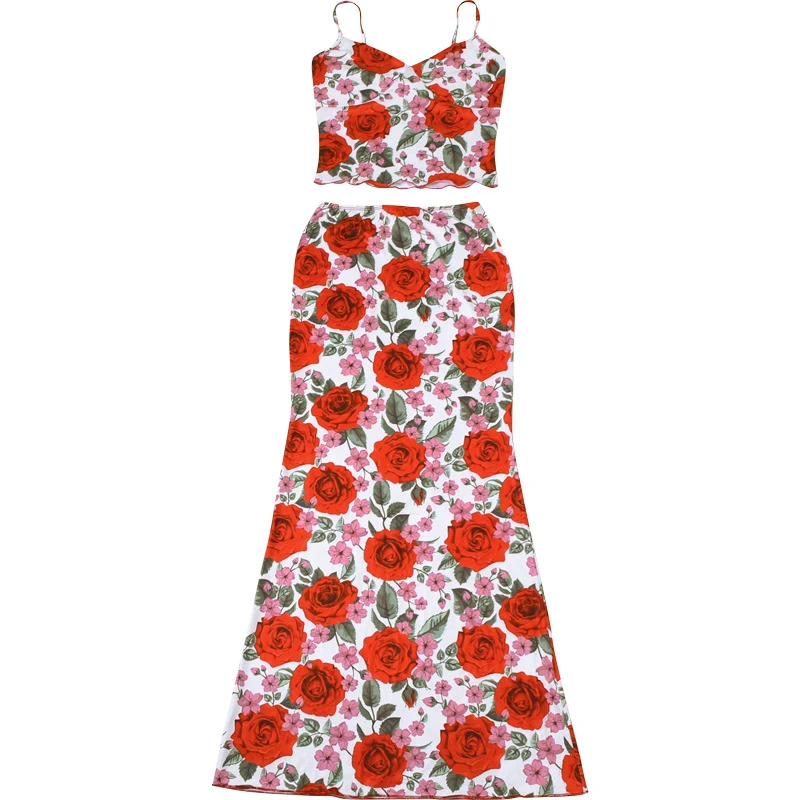 Sexy Vrouwen Zomerjurk Set Mode Rozenprint Maxi Rok Set