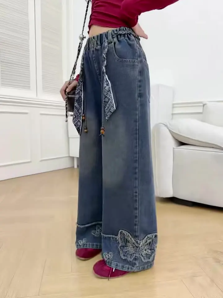 الفتيات أزياء الجينز ربيع الخريف نمط جديد المراهقين الأطفال المألوف مكبل فراشة التطريز واسعة الساق الدنيم السراويل #2