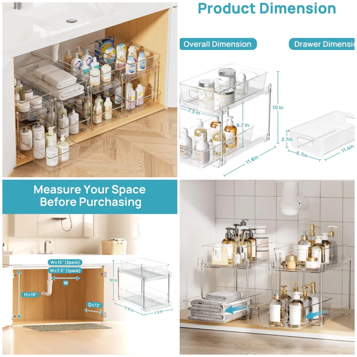 

4 Pack 2-Tier Clear Under Sink Organizer, Pull-Out Cabinet Bins for Kitchen & Pantry