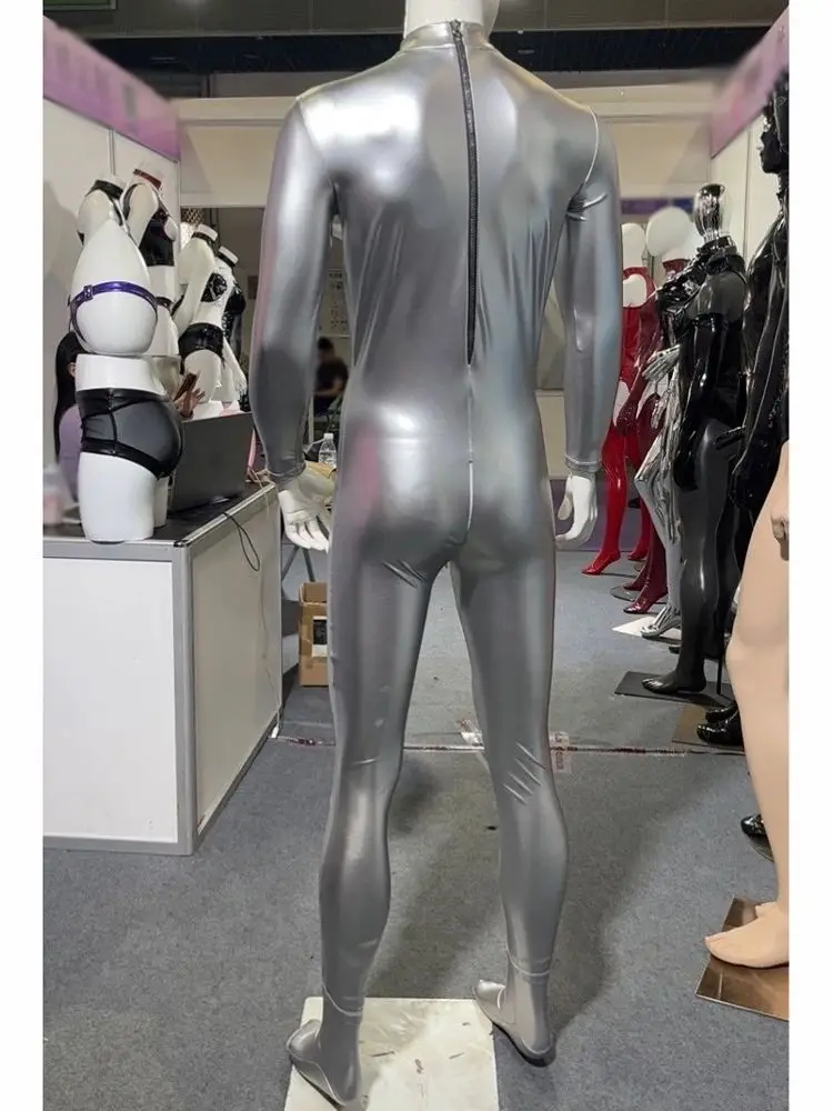 M-4XL Faux Latex Catsuit Elastic PU Leather Bodysuit Mens Convex Pouch Zipper Crotch Leotard Cosplay Jumpsuit Conjoined Unitard