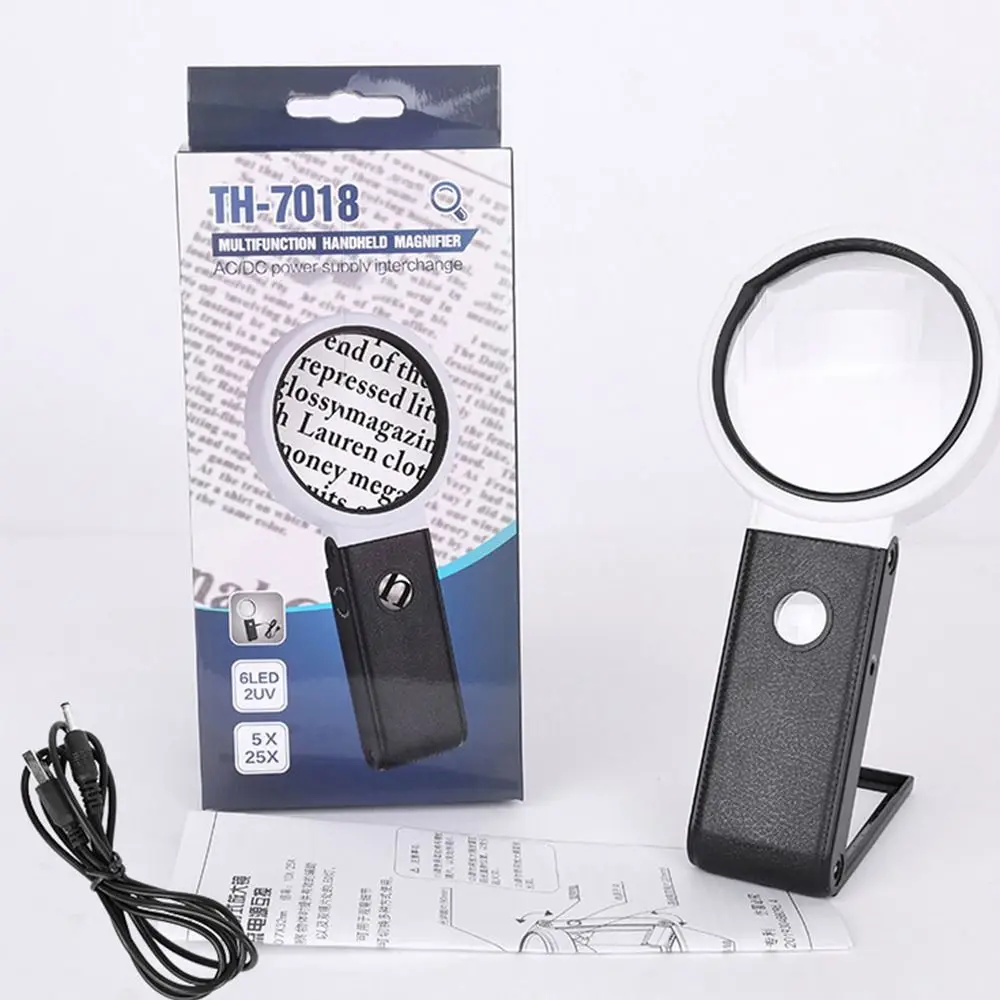 Folding Design Magnifying Glass with Light Stand Handheld 6X 25X LED Illuminated Magnifier Powered by Battery or USB