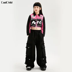 Girls Hip Hop Cool Short Baseball Jacket Street Dance Baggy Cargo Pants Child Crop Top Streetwear Clothes Sets Kids Jazz Costume