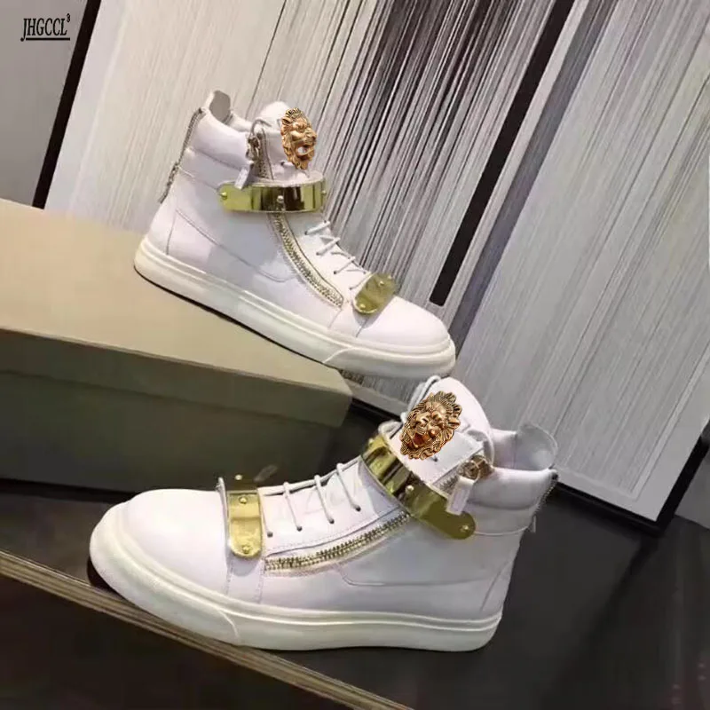 Leather white shoes, high-end brand, high-quality men's casual top grade, couple metal buckle sports shoes, women's board shoes