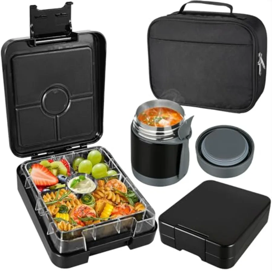 Set de Lonchera Bento con Termo para Sopa de 10oz, Recipientes Herméticos para Almuerzo con 4 Compartimentos, Termo para Comida Caliente/Contenedor Aislado para Almuerzo