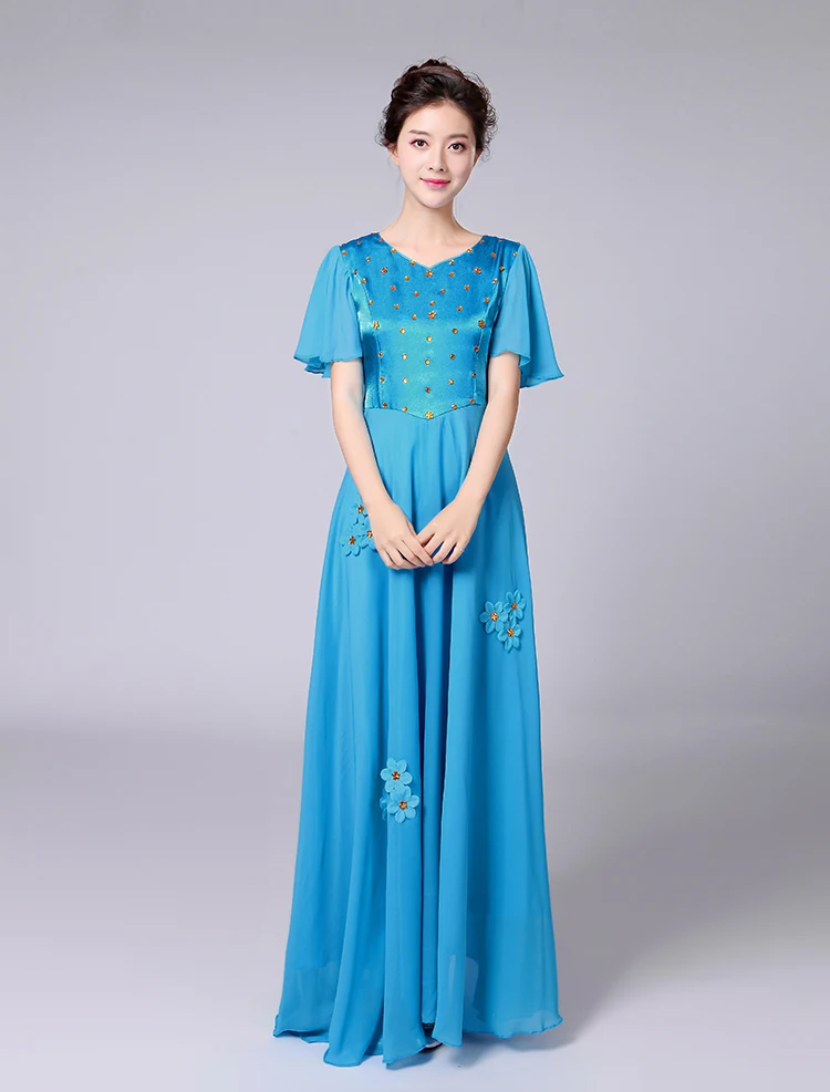 Women Sequined Adult Chorus Performance Costume O-Neck Long Recitation Chorus Ensemble Welcome Ceremony Stage Performance Dress