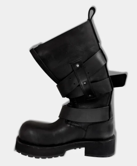 Street Style Black Round Toe Belt Buckle Platform Knee-High Women Boots Chunky Middle Heels Buckle Strap Design Large Size Shoes