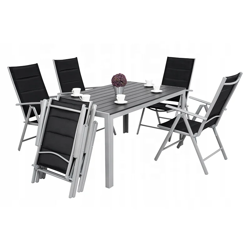 

7pcs Outdoor Aluminum Folding Position Padded Chair And Wooden Slat Table Furniture Set