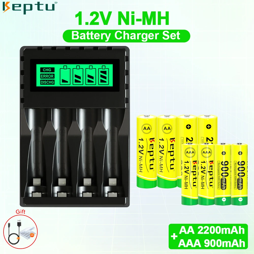 

KEPTU AA Battery 2200mah +1.2v AAA Rechargeable Batteries 900mah with Smart AA Battery Charger 1.2v Ni-MH AA AAA Toy Battery