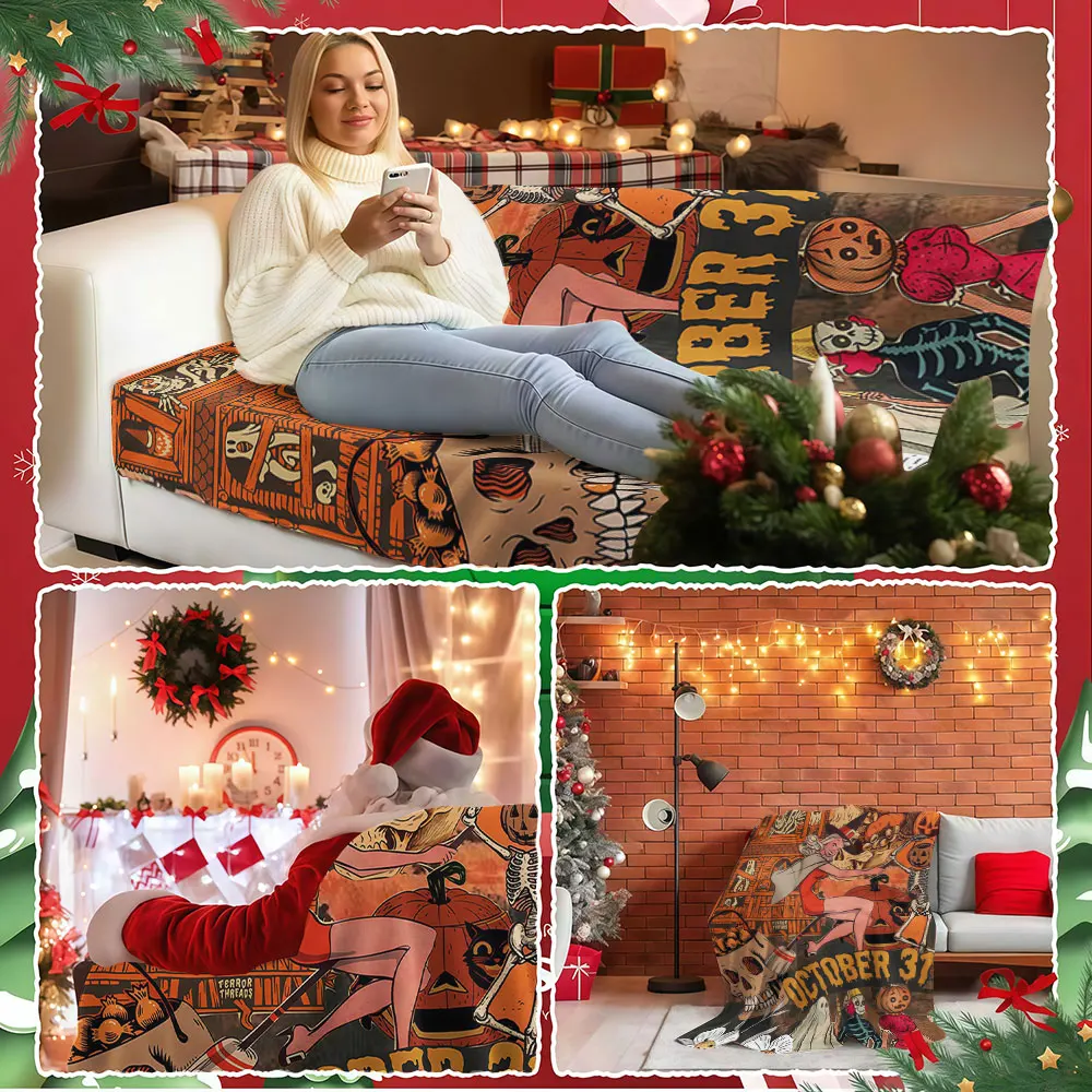 Retro Halloween Collage Winter Summer Flannel Blanket Throw Fleece Soft Fuzzy Plush Cozy Fleece Blankets for Sofa Ideal Gifts