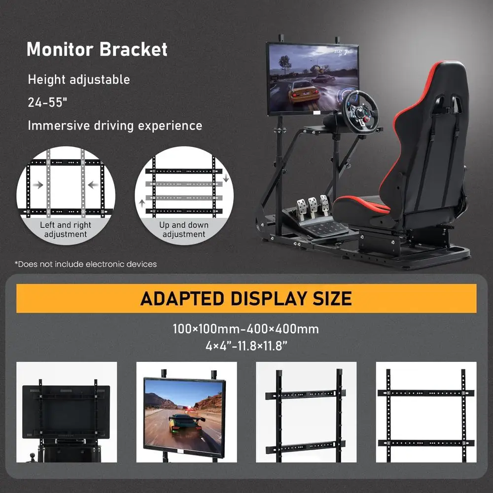 Racing Simulator Cockpit with Monitor, Compatible with Gaming Wheel, Pedals, and Display (Not Included)