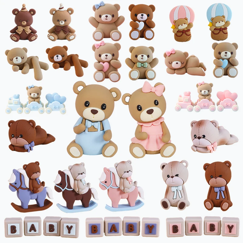 Pink Blue Bear Birthday Cake Toppers Decoration Boy Girl Happy One 1st Birthday Cake Baby Shower Bear Theme Party Gender Reveals