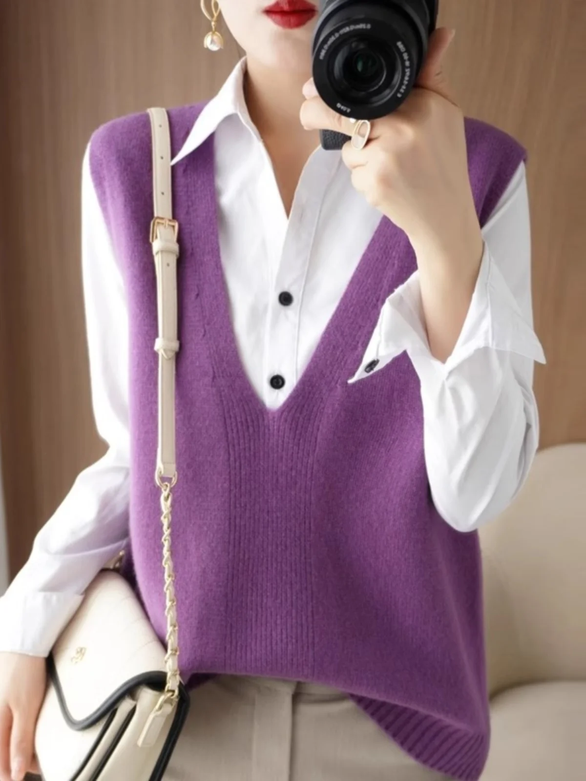 

Женский вязаный шерстяной жилет: весенняя верхняя одежда, свободный пуловер с V-образным вырезом, удобный повседневный топ для города