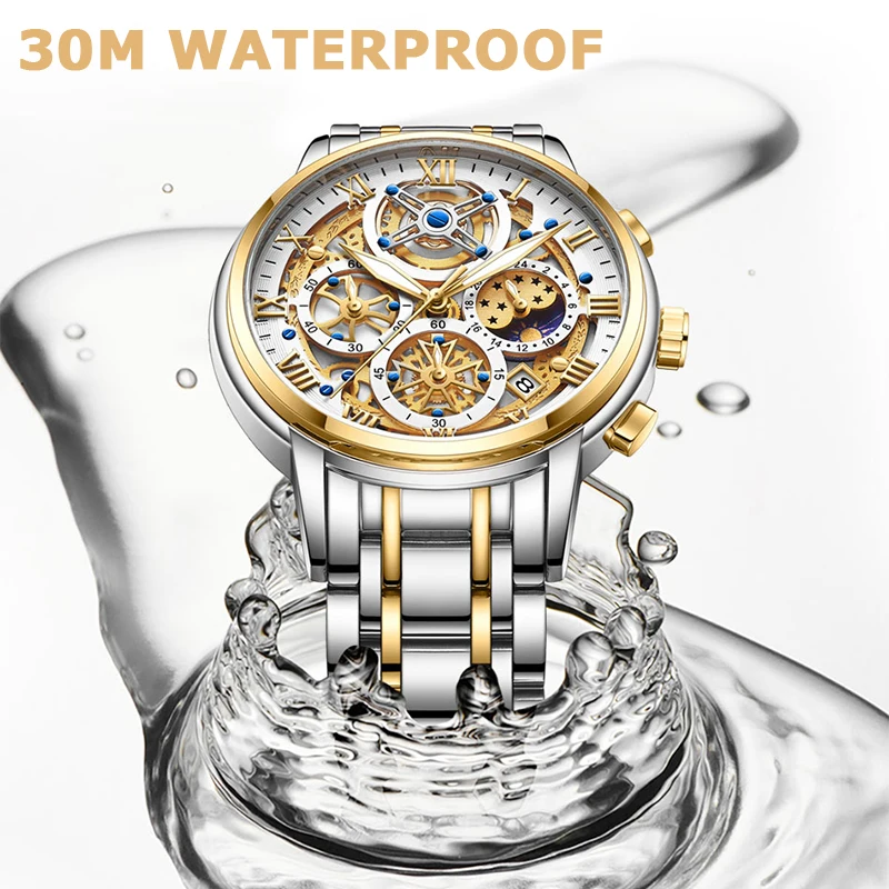 LIGE Luxury Watch for Men's Waterproof Stainless Steel Quartz Analog Fashion Business Sun Moon Star Wristwatches Top Brand+box