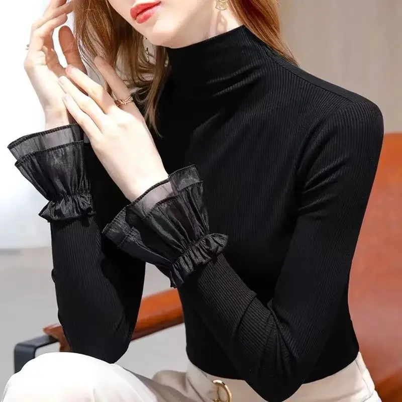 

Women's Inner Flare Sleeve Top Autumn/Winter New Half High Collar Mesh Bottoming Shirt Long Sleeve Black Tshirt S-6XL